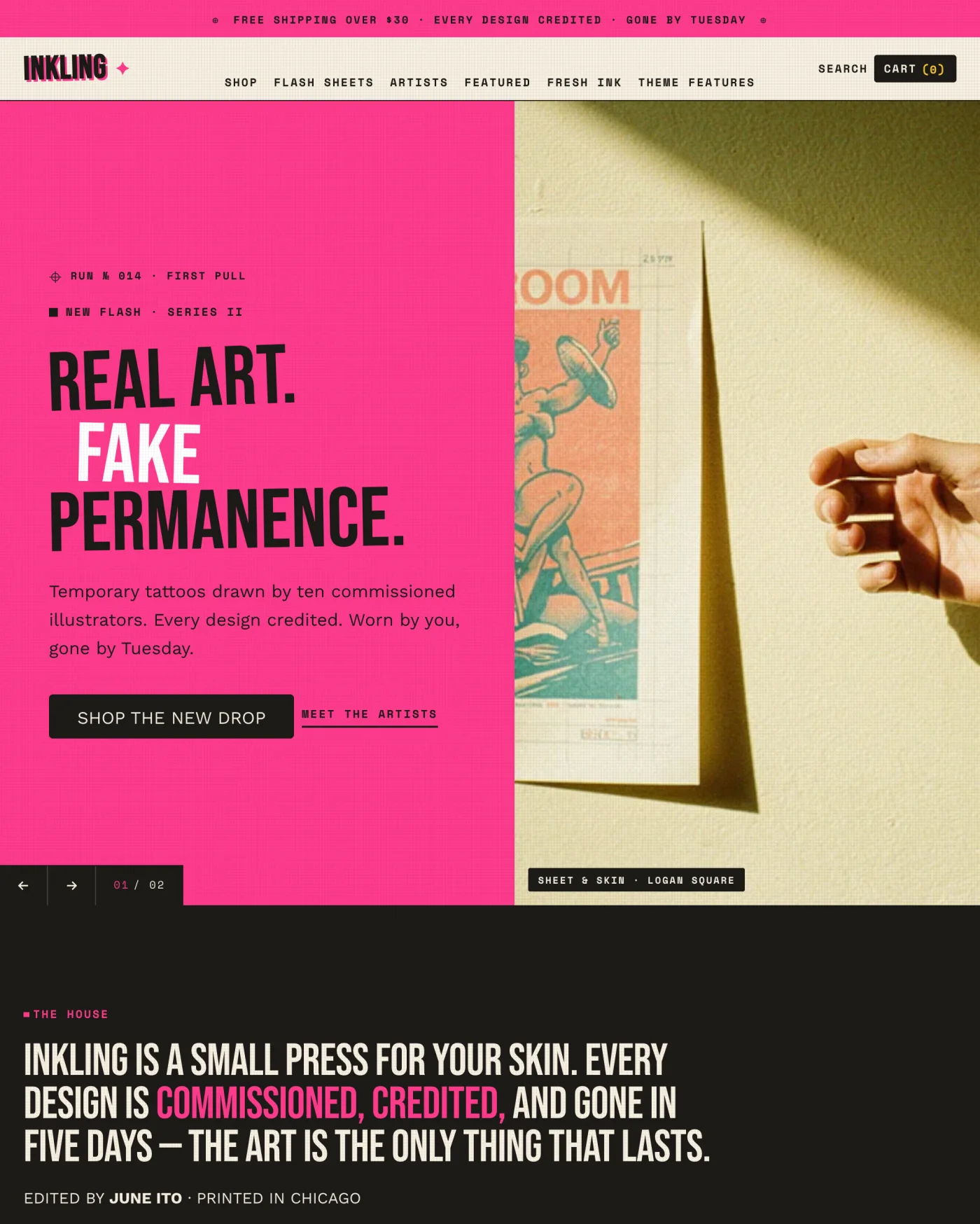 Inkling storefront homepage: a riso-bright hero reading "Real art. Fake permanence." beside a printed tattoo sheet held to skin, over a small-press manifesto.