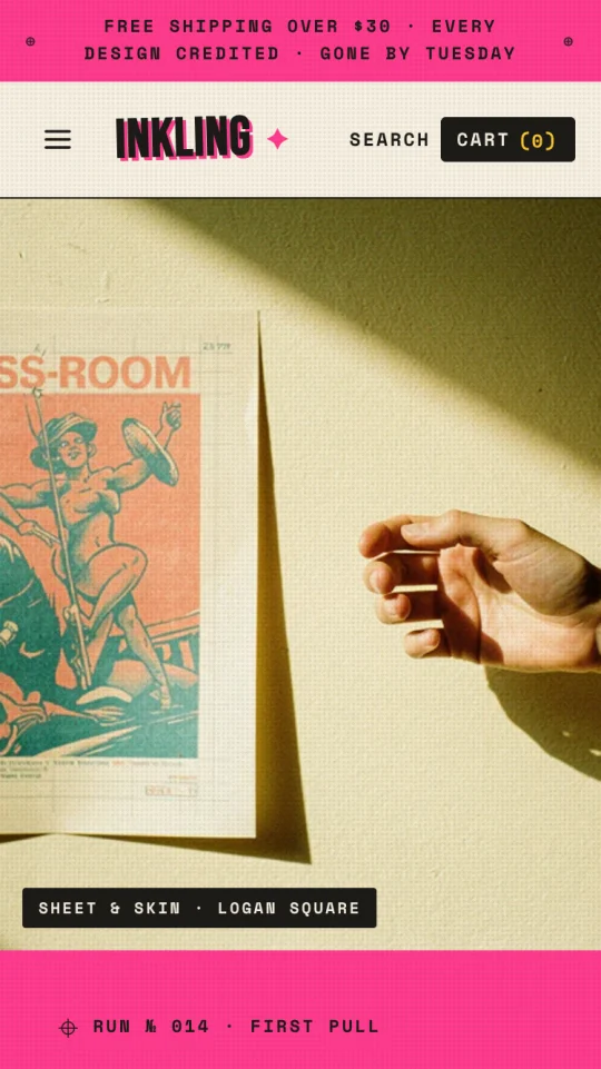 Inkling homepage on mobile: the flash-sheet hero with a printed riso tattoo sheet and announcement bar.